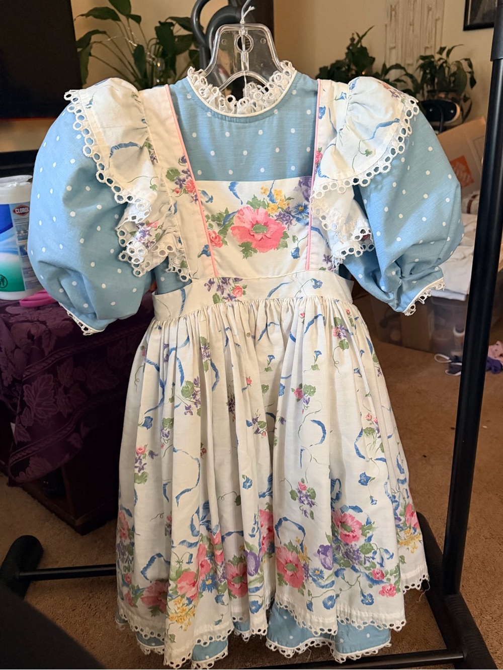 Blue Polka Dot and Floral Ruffle Sundress